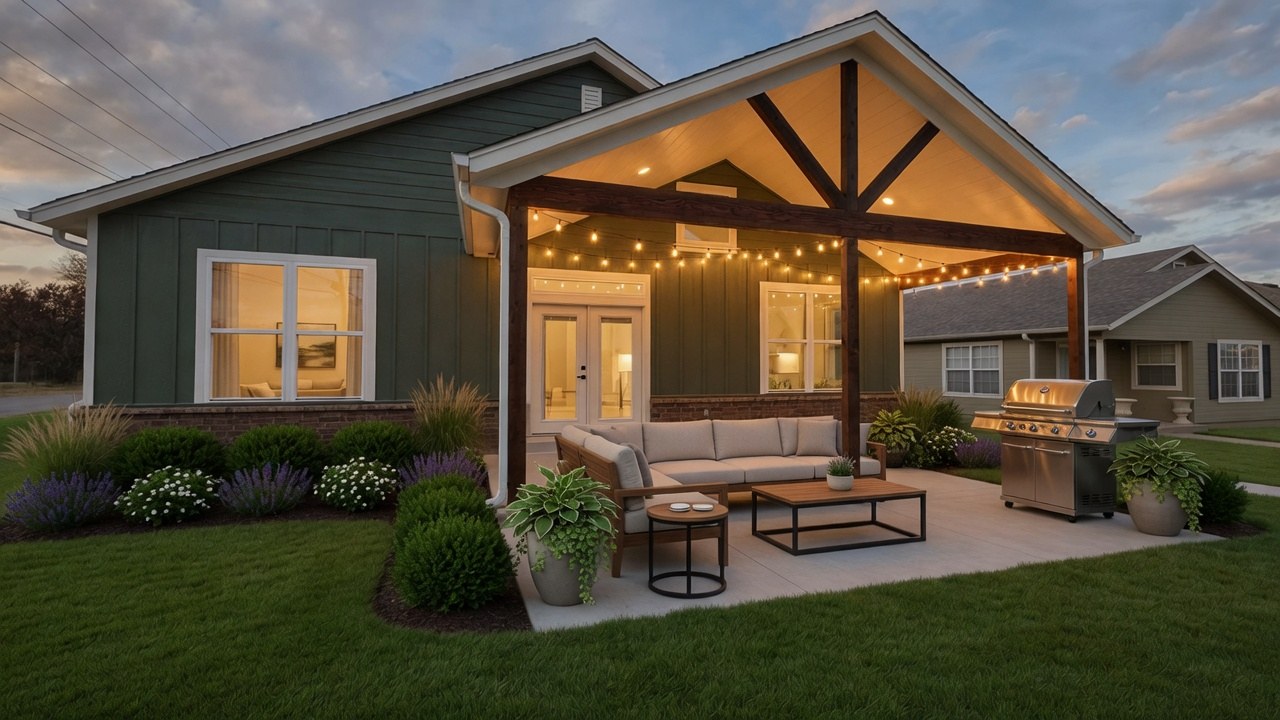 Covered porch with timber posts on custom home