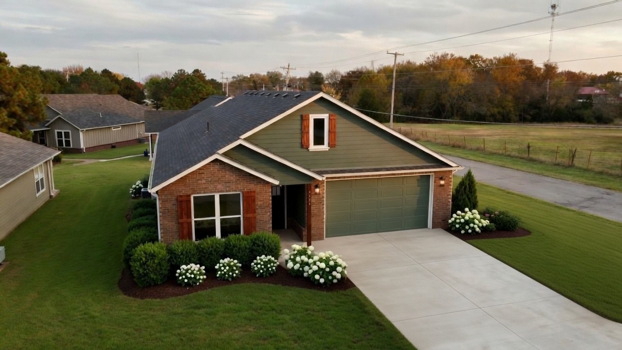 Aerial view of custom home in Green Country Oklahoma